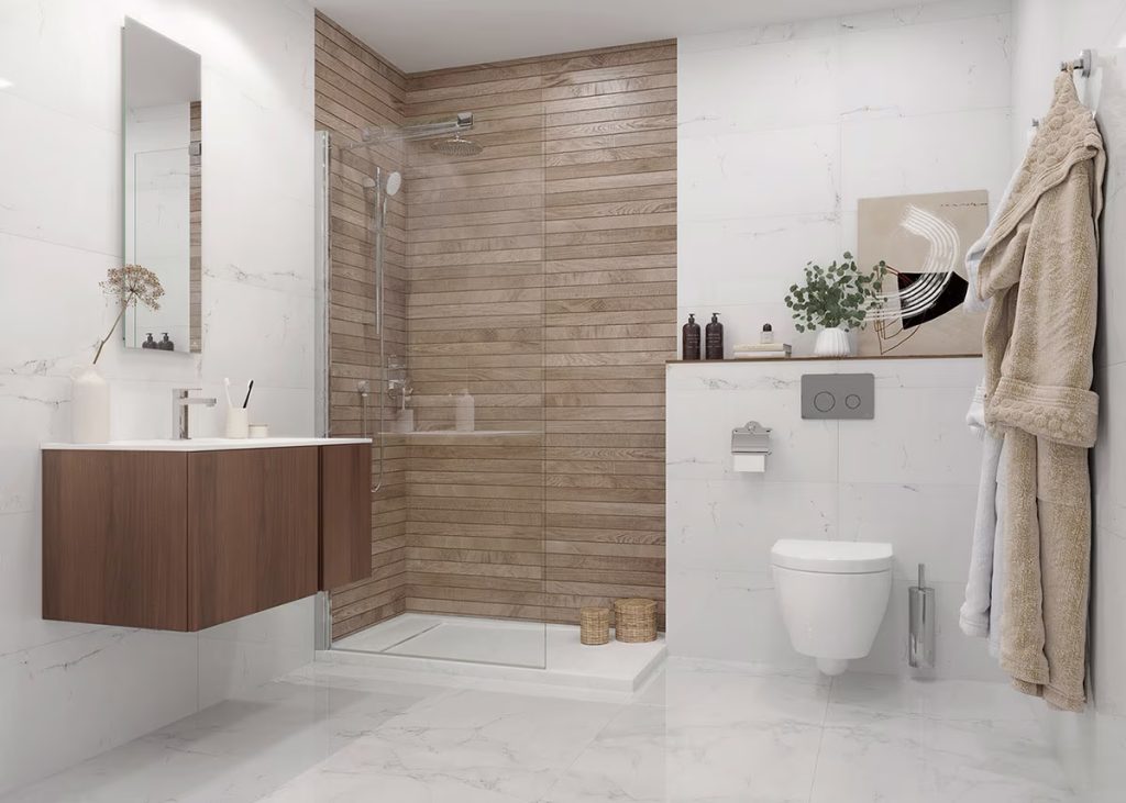 Baño moderno con revestimientos de madera y mármol, diseñado con soluciones exclusivas de SUMCO